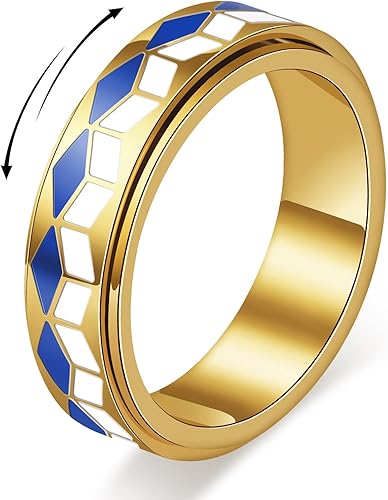 AmorArtSky Checkered Fidget Spinner Ring - Stylish Anxiety Relief Jewelry for Women & Men, Smooth Silent Spin, 18K Gold Plated Stainless Steel with Blue White Enamel, Non Tarnish Gift Size 6-10