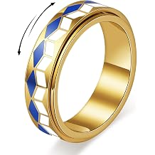 AmorArtSky Checkered Fidget Spinner Ring - Stylish Anxiety Relief Jewelry for Women & Men, Smooth Silent Spin, 18K Gold Plated Stainless Steel with Blue White Enamel, Non Tarnish Gift Size 6-10