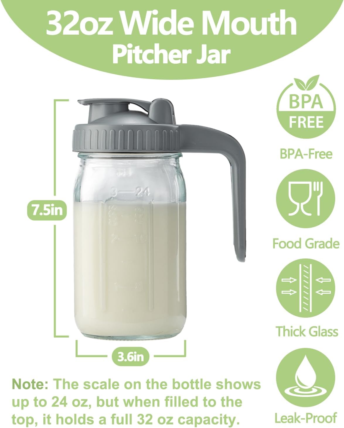 32oz Glass Pitcher with Lid & V-shaped Pour Spout - 1 Quart Breastmilk Pitcher Double Leak Proof, Creamer Container for Sun Tea, Juice, Cold Brew Coffee, Breastmilk Storage Container - Image 2