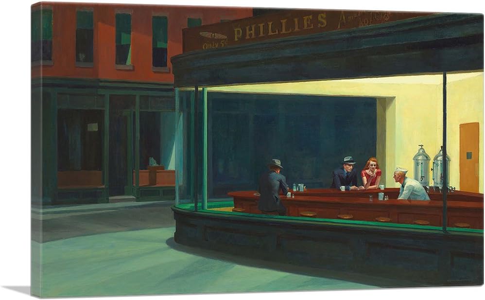 ARTCANVASNighthawks 1942 Canvas Art Print Stretched Framed Painting Picture Poster Giclee Wall Decor by Edward Hopper - 26" x 18" (0.75" Deep)