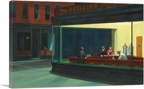 ARTCANVAS Nighthawks 1942 - Póster de pintura enmarcada estirada de 1942, decoración de pared giclée, por Edward Hopper, 26 x 18 pulgadas (0.75