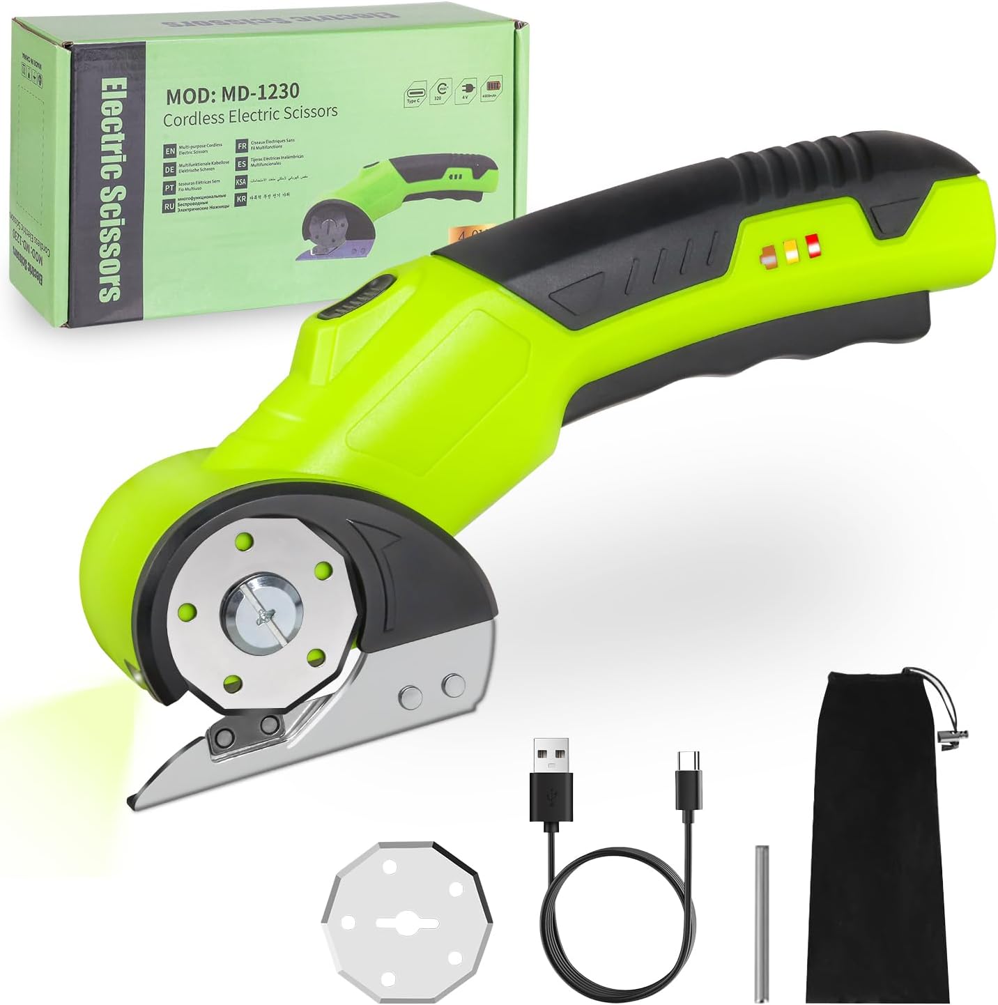 Cordless Electric Scissors - 4V Rechargeable Cardboard Cutter, Box Cutter Electric with 2 Safety Blades & LED Light, Perfect for Cutting Cardboard, Carpet, Fabric, Plastic, Leather