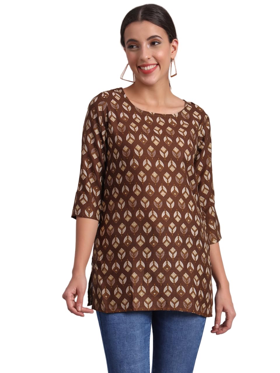 Patlani Women's Cotton Printed Short Fullstitched Kurti/Kurtas. Coffee
