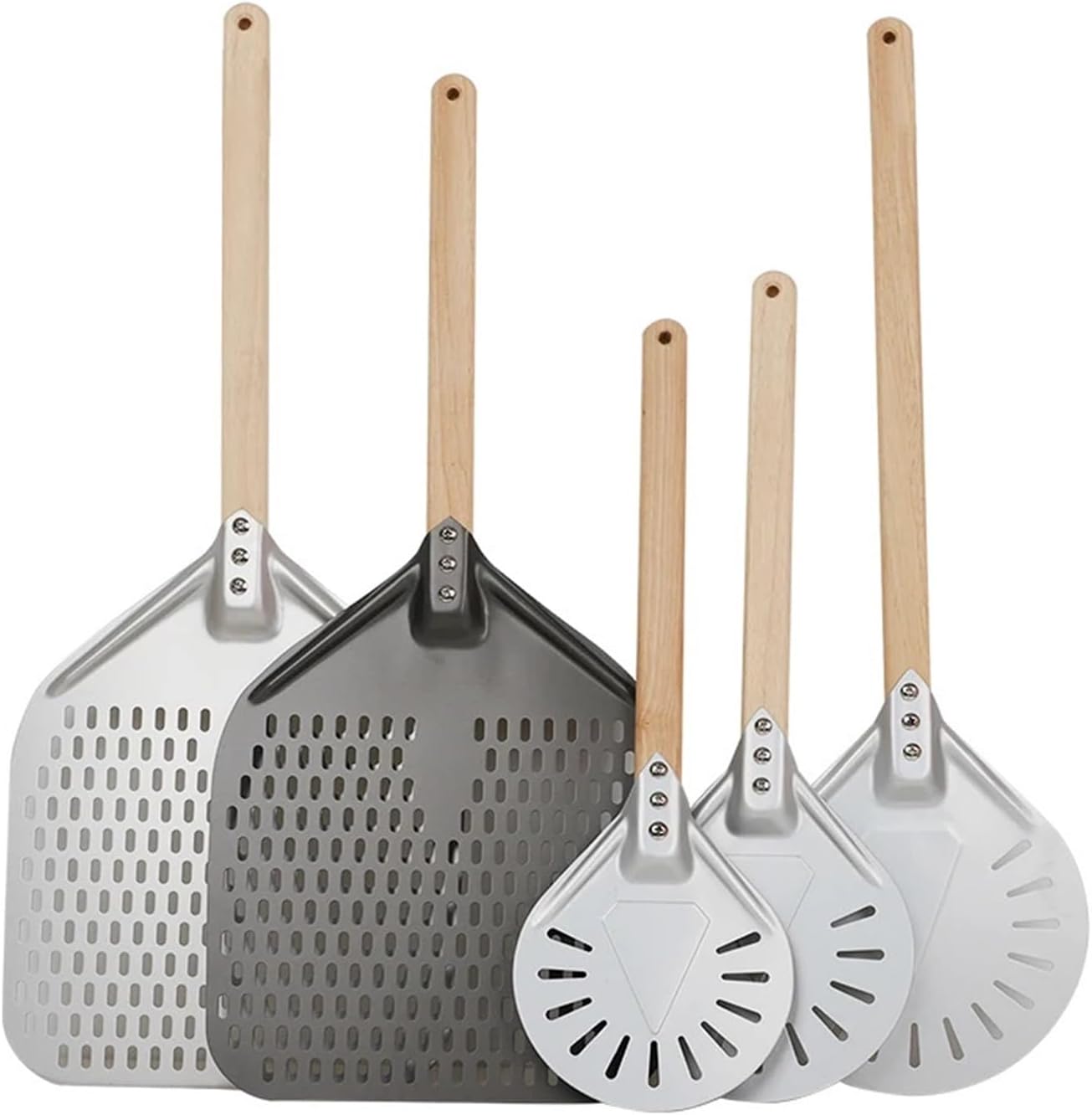 Aluminum Pizza Shovel Peel Lifter Tools Non Slip Wooden Handle Cake Bread Paddle Cheese Cutter Baking Turner Accessorie(30cm Silver 40cm H)