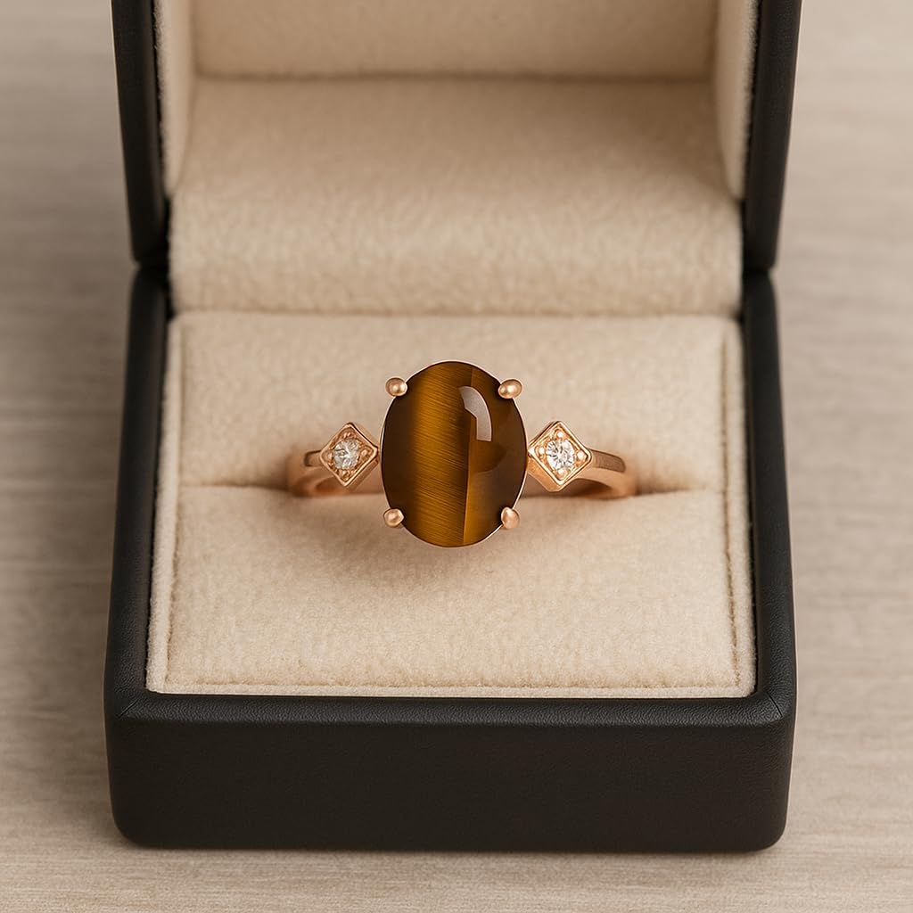Oval Cut Tiger Eye Engagement Ring for Women 14k Rose Gold Vintage Ring with Diamond Accents Dainty Boho Gemstone Jewelry Gift