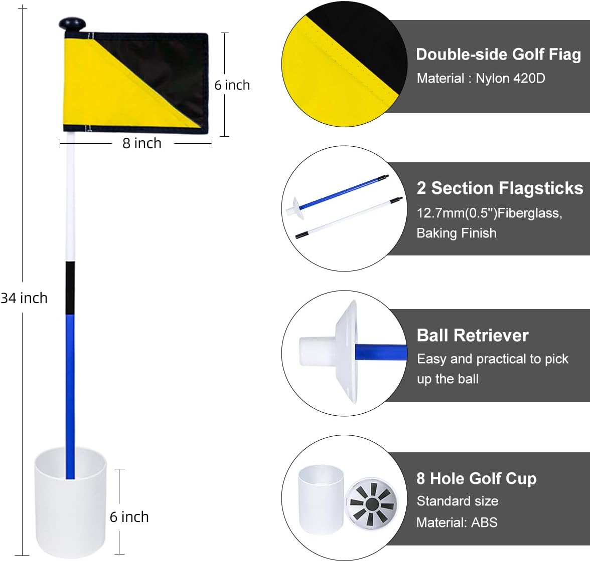 Golf Flagstick 3ft,Golf Flag Hole Cup Set Double-Sided Putting Green Flags for Backyard Putting Green Driving Range Practice Two-Section Design Portable