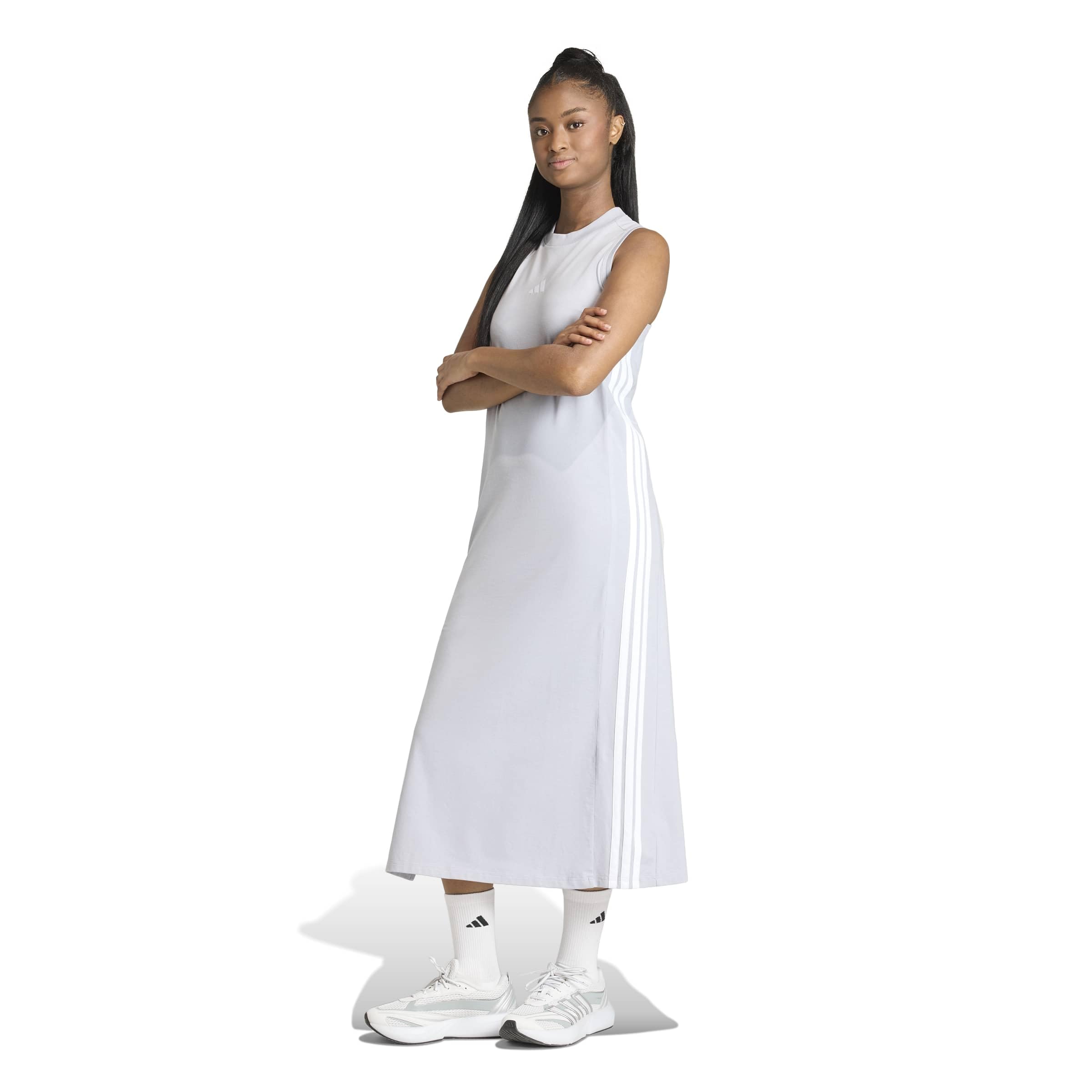 adidas dames ESSENTIALS 3-STRIPES LONG RACERBACK DRESS, halo silver/white, S