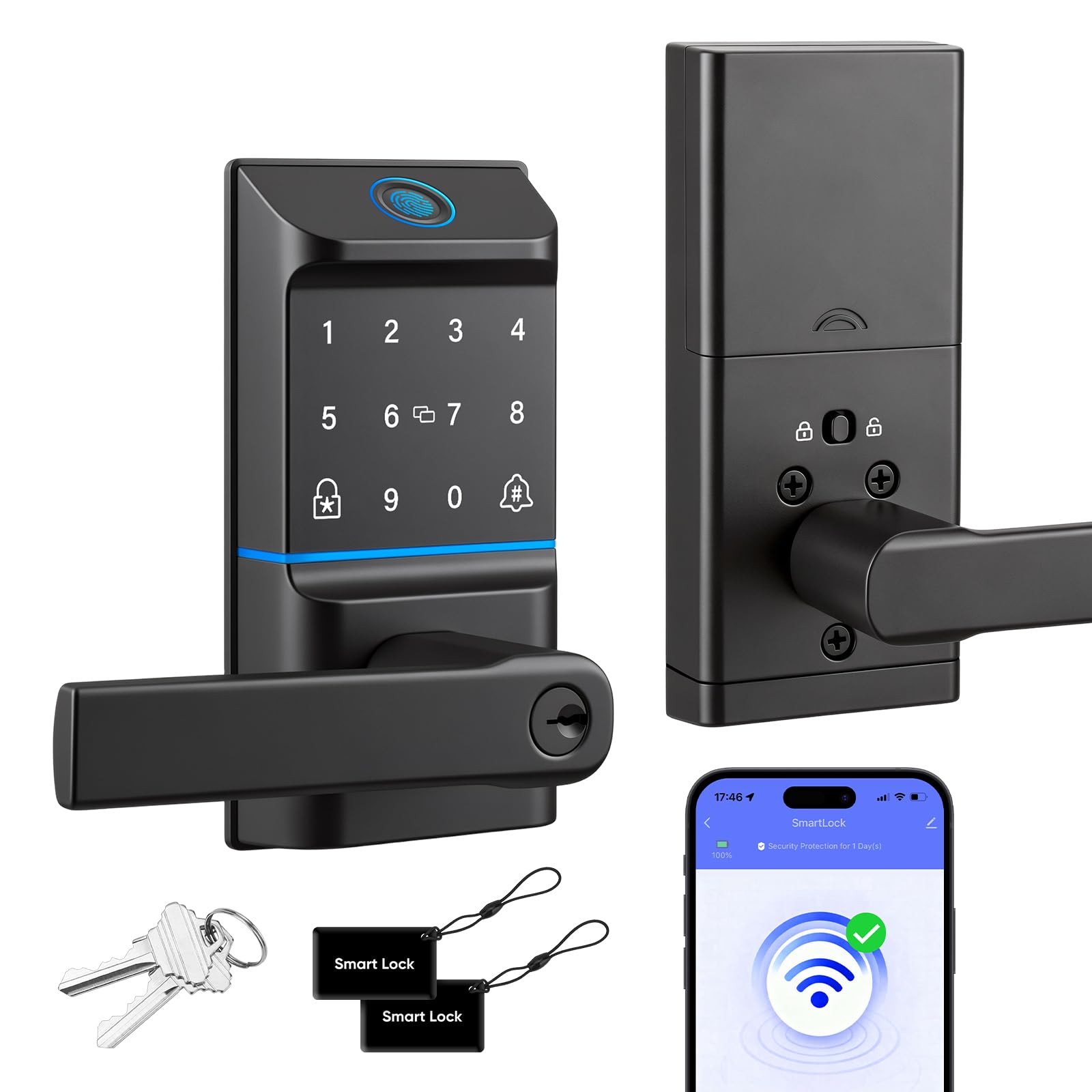 WiFi Smart Keypad Door Lock with Handle, 6 Ways Unlock with Doorbell Knob