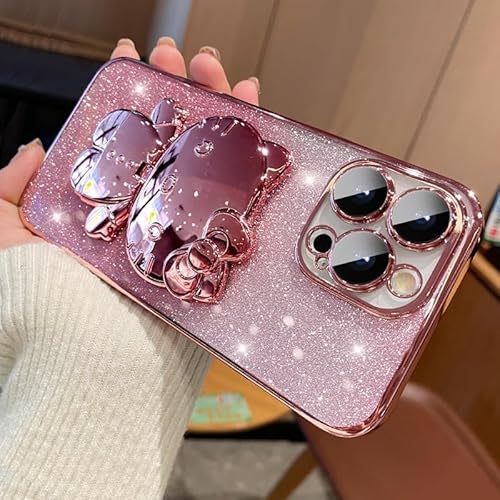 Spevert for iPhone 16 Pro Max Case Luxury Glitter Case with Cute Cat Stand,Glitter Diamond Bling Case with Mirror Full Camera Lens Protection Anti-Scratch (Pink, iPhone 16 Pro Max(6.9 inch))