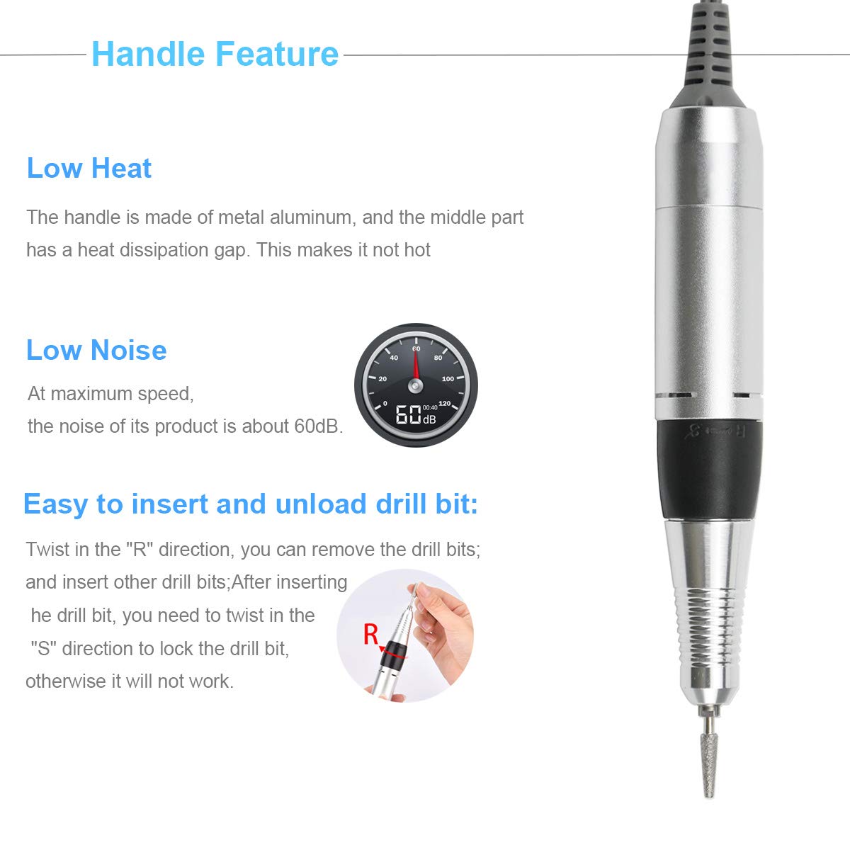 Close-up of the nail drill handpiece showing how to twist to release and lock drill bits