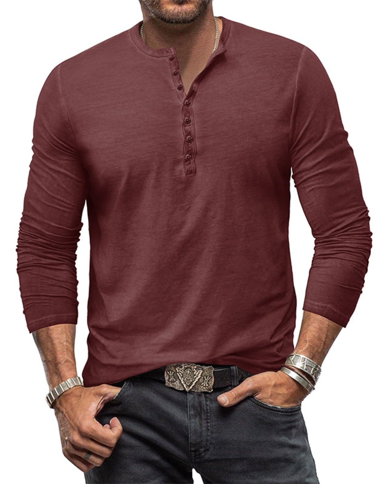 YawYews Henley Shirt Herren Langarm Langarmshirt Herren Longsleeve T Shirt Vintage Tshirt Baumwolle Longshirt M-3XL