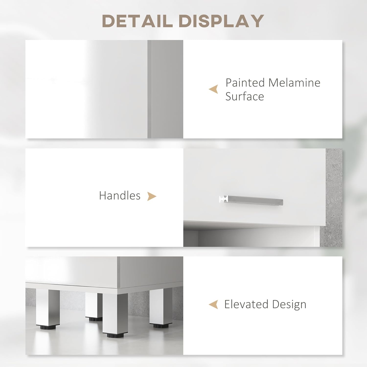 Detailed view of the cabinet's features, including the painted melamine surface, silver handles, and elevated base design.