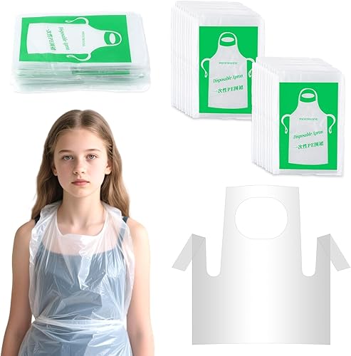Vin Beauty 25 delantales de arte desechables para niños, delantales de plástico transparente, desechables, impermeables, a prueba de aceite,
