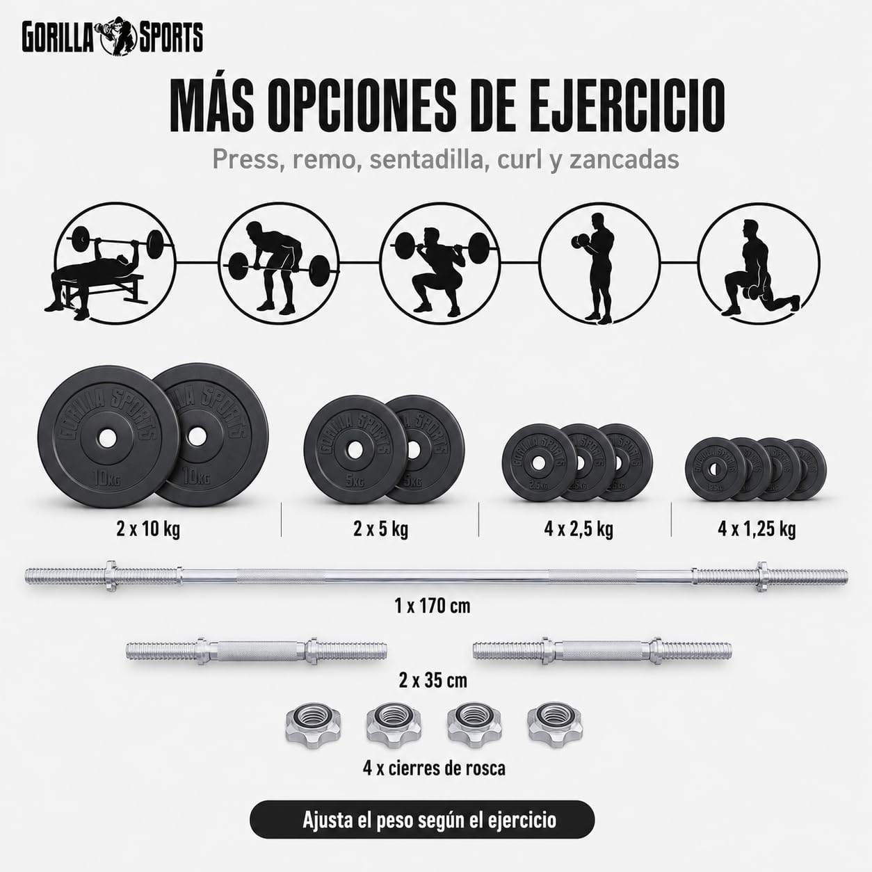 Gorilla Sports® Juego de mancuernas y discos – 60 kg, 100 kg o 130 kg, Ø 30 mm, barra 170 cm, con cierres, estriado, antideslizante, acero cromado – Mancuernas, gimnasio, entrenamiento, levantamiento