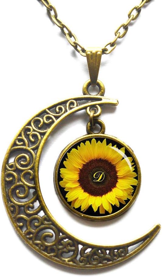 Crescent Moon Necklace,Sunflower pendant , Yellow Sunflower necklace , sunflower