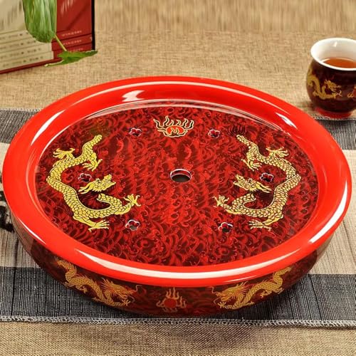 Image of Liang baobao Porcelain Tea Tray, Double-Layer Ceramic Tray with Water Storage Circular for Tea Coffee Serving Table (12 inch Dragon red)