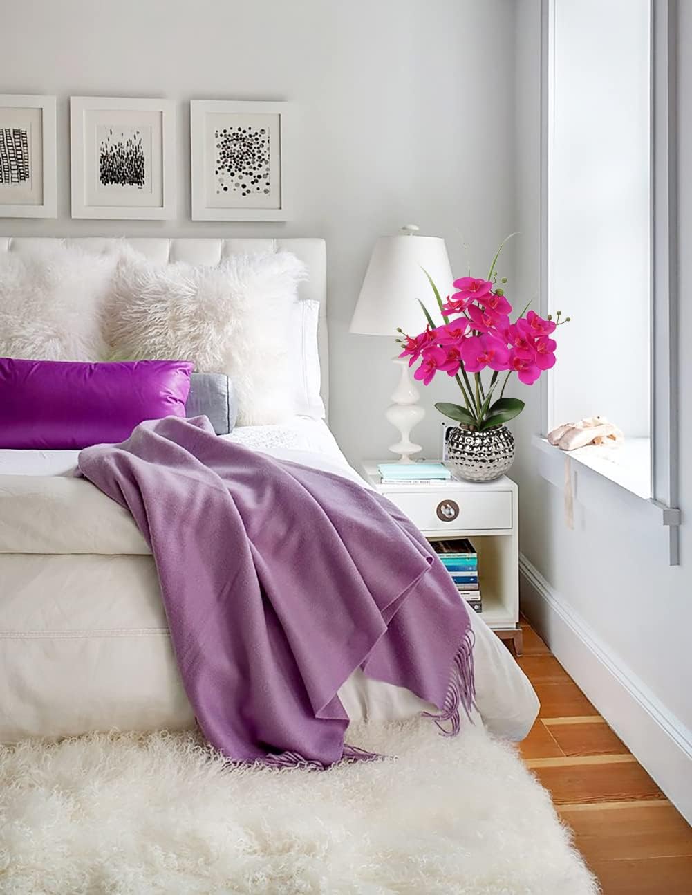 Briful Orchids Artificial Flowers, 20'' Purple Faux Orchid with Silver Vase Phalaenopsis Orchid Fake Orchid Fake Plant for Home Bathroom Table Living Room Office Kitchen Decor
