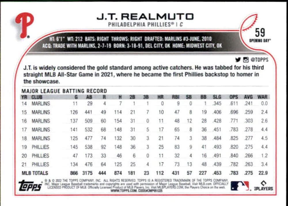 2022 Topps Opening Day #59 J.T. Realmuto Philadelphia Phillies MLB Baseball Card NM-MT