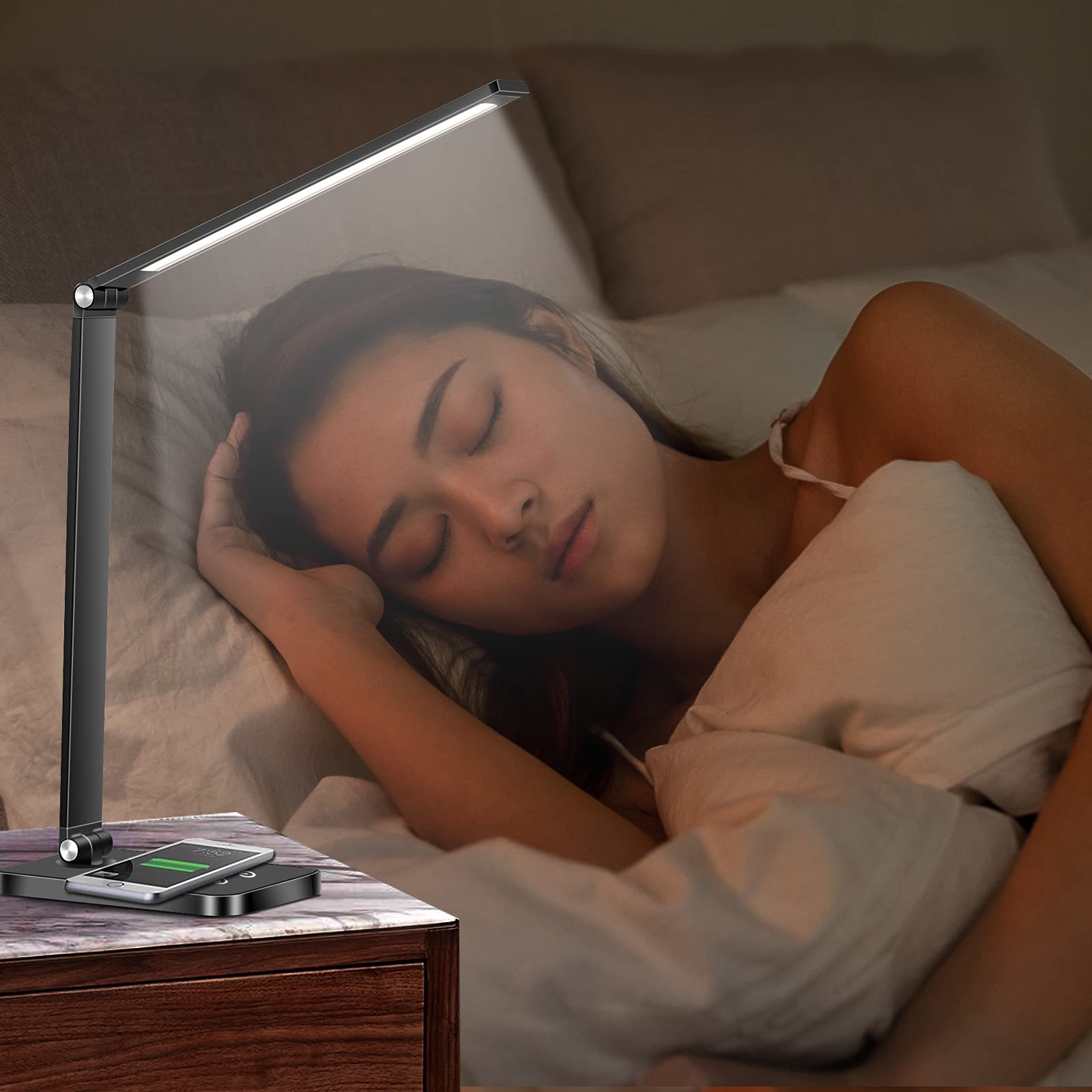 Lampka biurkowa z regulacją jasności LED, lampka z funkcją ładowania, USB, sterowanie dotykowe, lampka z timerem, ściemniana 5 kolorów i 10 poziomów jasności, z funkcją oszczędzania energii (czarna)