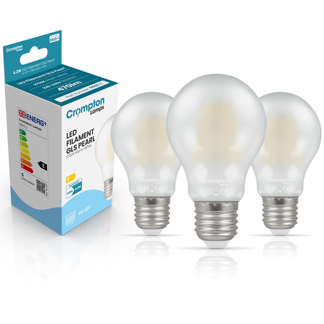 Crompton Lamps Filament GLS LED Light Bulb ES-E27 | 4.2W = 40W Equivalent | Warm White 2700K | Energy Efficient | Edison Screw Lightbulb | Long Life 10,000-Hrs | Pearl Glass | Dimmable | 3-Pack