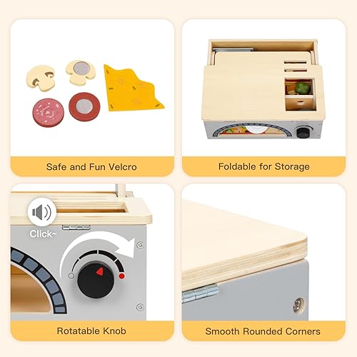 Miniatura 6 de OOOK Juguete de pizza de madera para niños, juego de contador de pizza, horno de pizza de juguete, juguetes Montessori con comida de juguete, horno
