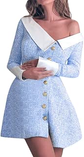 JIAJU-DJ Fashion Women Turn-Down Collor with Botton Patchwork Full Sleeve Dress