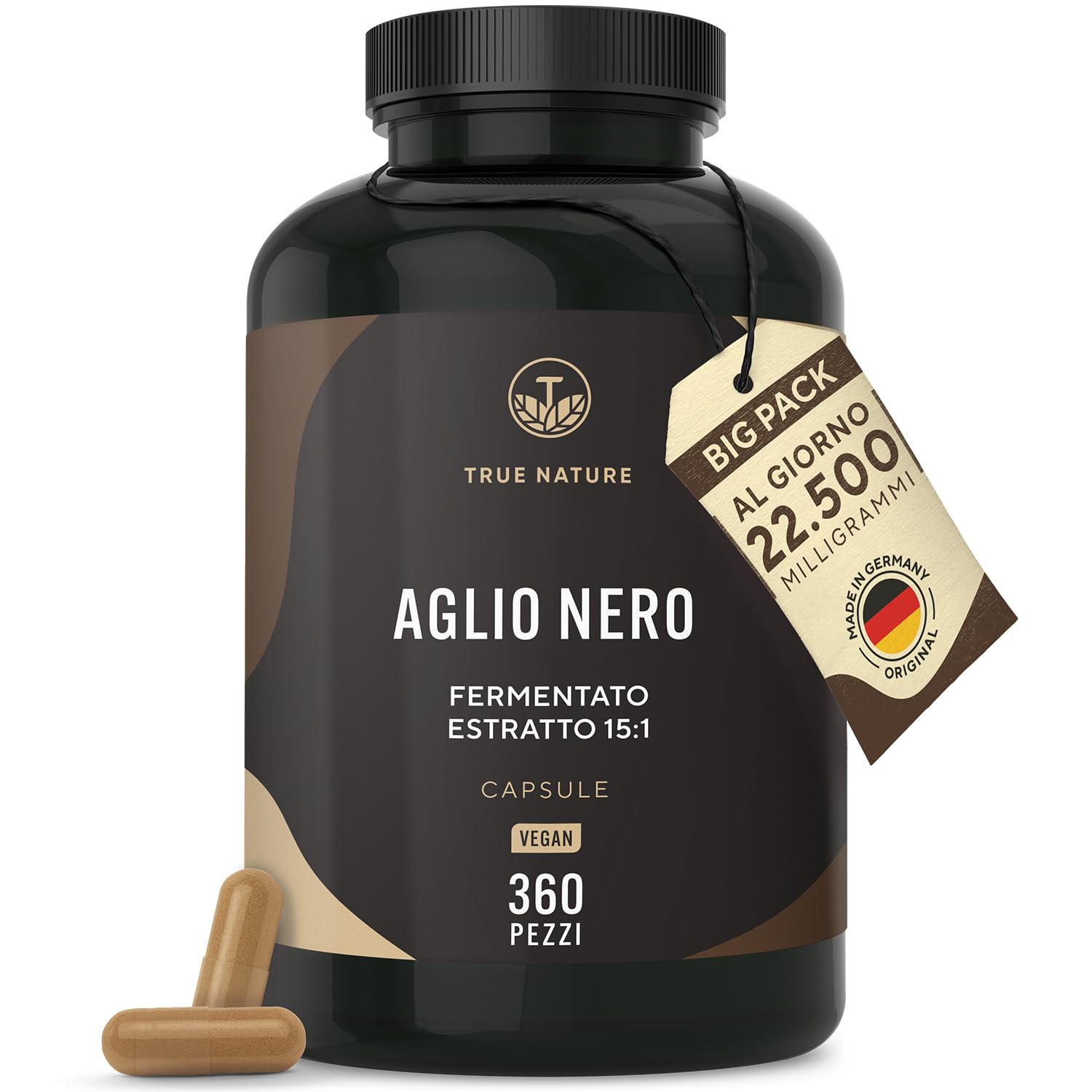 Aglio nero fermentato – 360 capsule – 22.500mg dose giornaliera (Estratto ad alto dosaggio) – Con S-allilcisteina naturale (SAC) e 14,89% di polifenoli – Aglio nero capsule – Vegano – TRUE NATURE