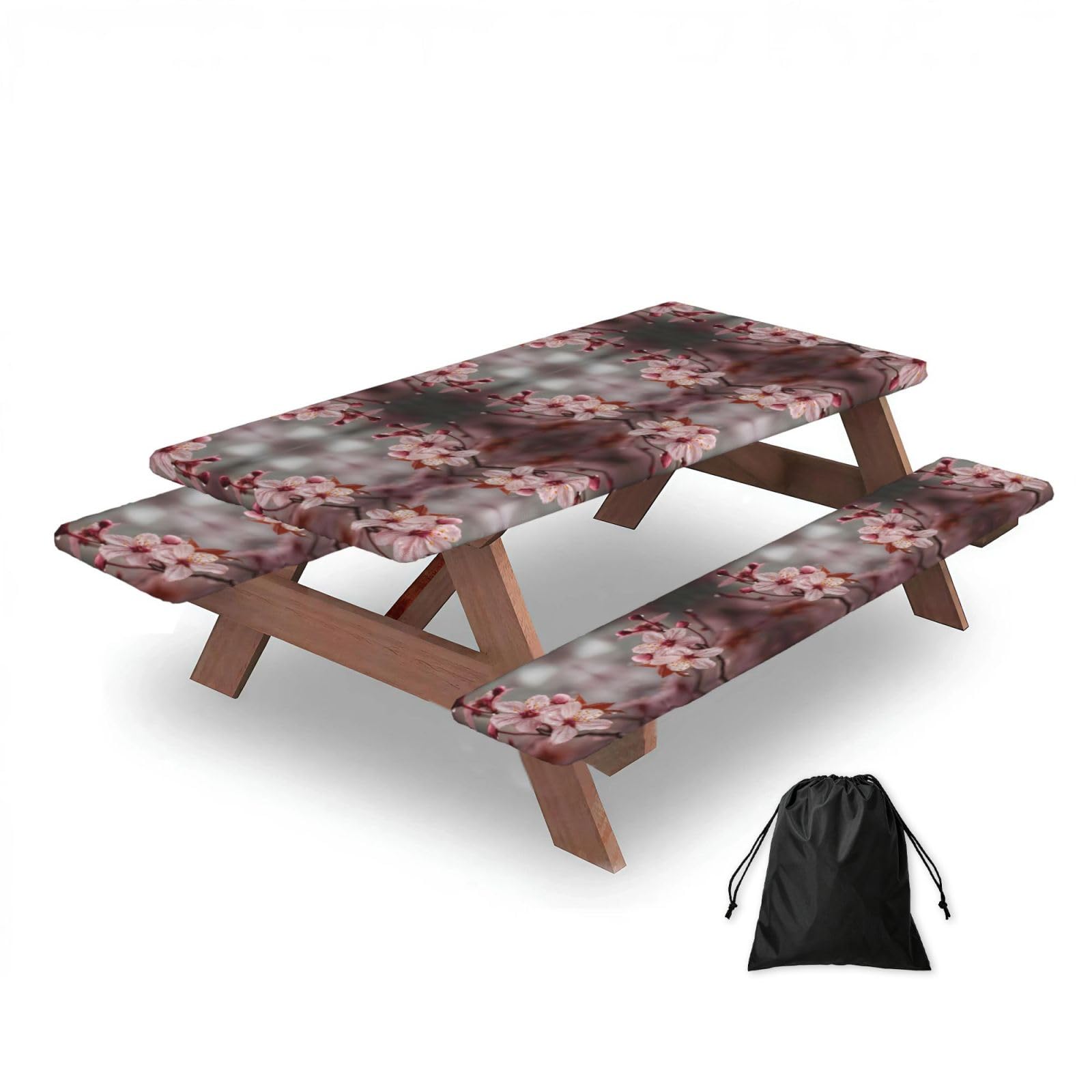 ESNAIUVCD Cherry Blossom Print Picnic Table Cover With Bench Covers,Camping Essentials,Fitted Tablecloth Cover With Elastic Edge, For Indoor & Outdoor 3 Pcs