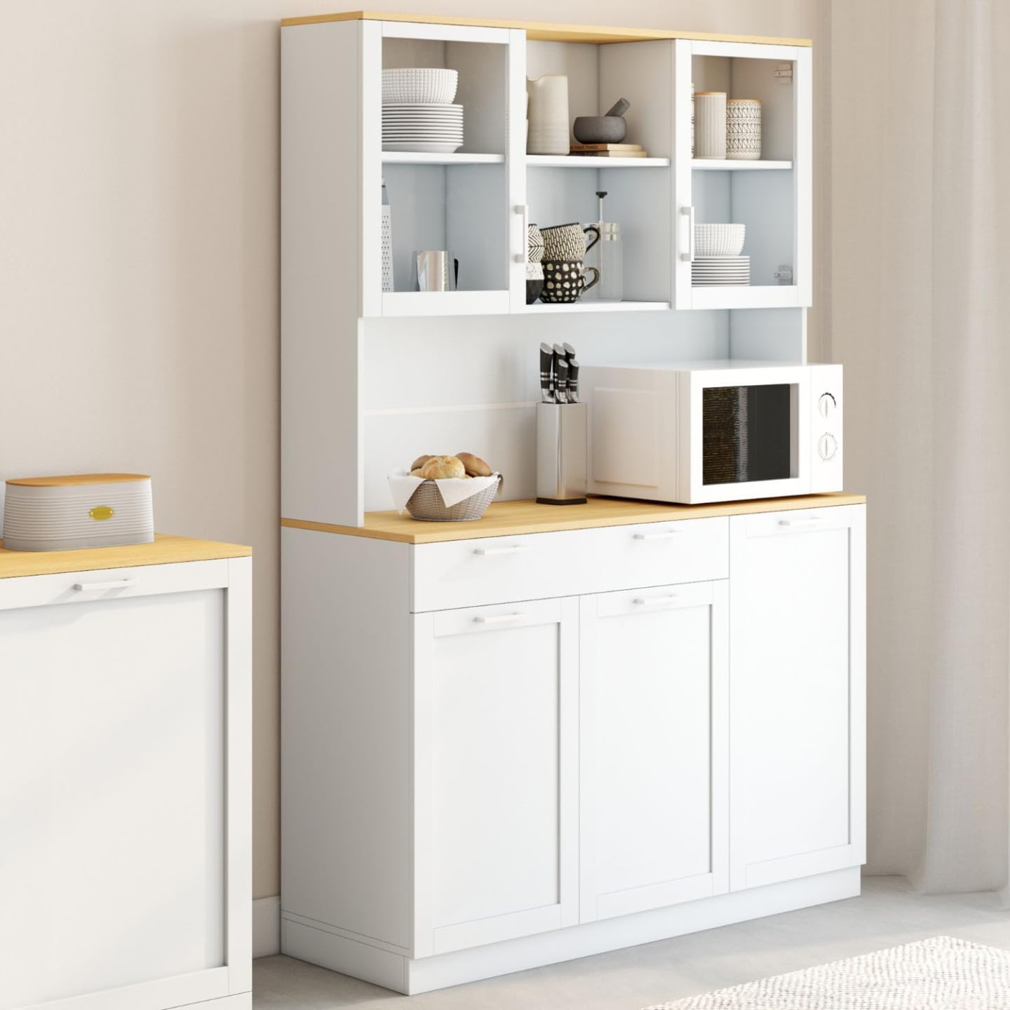 IDMarket - Buffet de Cuisine vitré 120 cm VITO Blanc Plateau façon hêtre