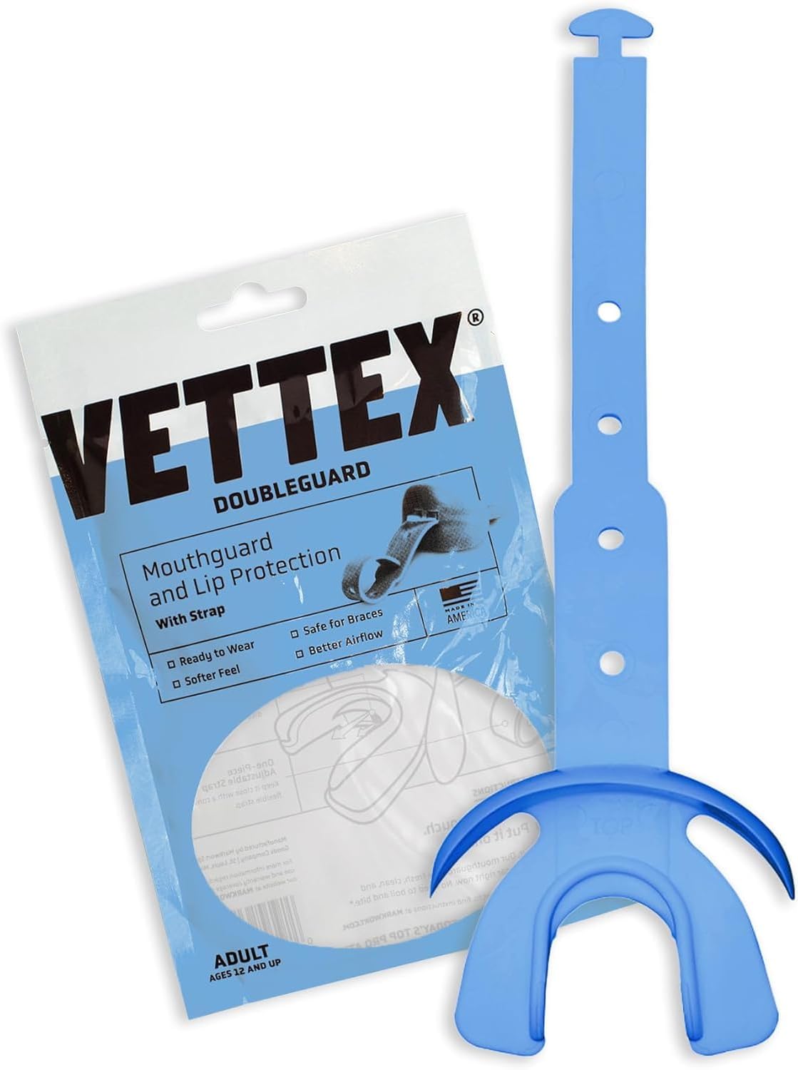 Markwort Vettex Doubleguard Mouthguard for Football, Lacrosse, MMA, Boxing, Braces - Breathable Doubleguard with Lip Protection and Strap, Columbia Blue