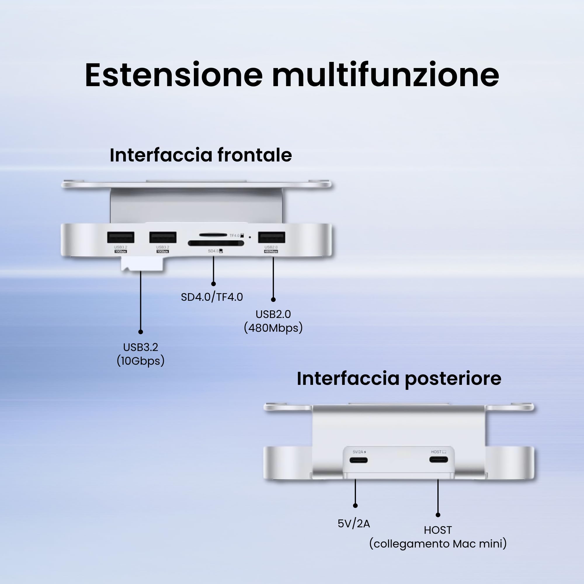Hagibis Hub e Supporto per Mac mini M4 con alloggiamento SSD, docking station USB-C 3 in 1 con case SSD M.2 NVMe, USB 3.2 Gen2 10 Gbps, SD 4.0, TF 4.0, alimentazione 5V/2A per M4 Pro (MC60)