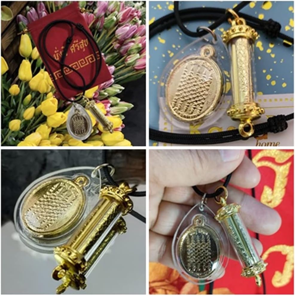 Thai Amulet Pendant Takrud & Yantra 5 Rows Phra Gold Necklace for Men Women | Wealth, Luck, Protection | Three Kings Diamond Armor Buddha Charm