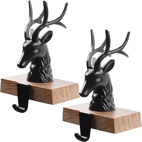 Miniatura 8 de Juego de 2 soportes de calcetines de Navidad para manto, ganchos de metal con renos para decoración de estantes de Navidad, chimeneas (oro cromado)