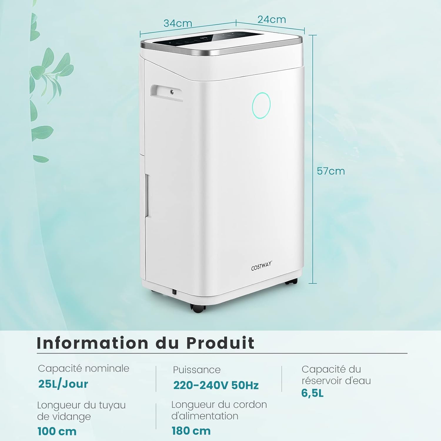Image displaying the dimensions of the dehumidifier (34x24x57 cm) and key specifications like 25L/day capacity, 6.5L tank, and 14.5 kg weight.