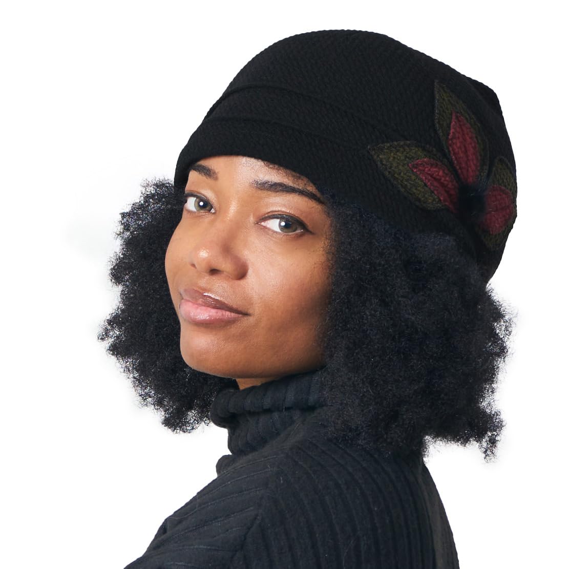 Bonnet tricoté avec pompon floral pour femme - Design vintage léger