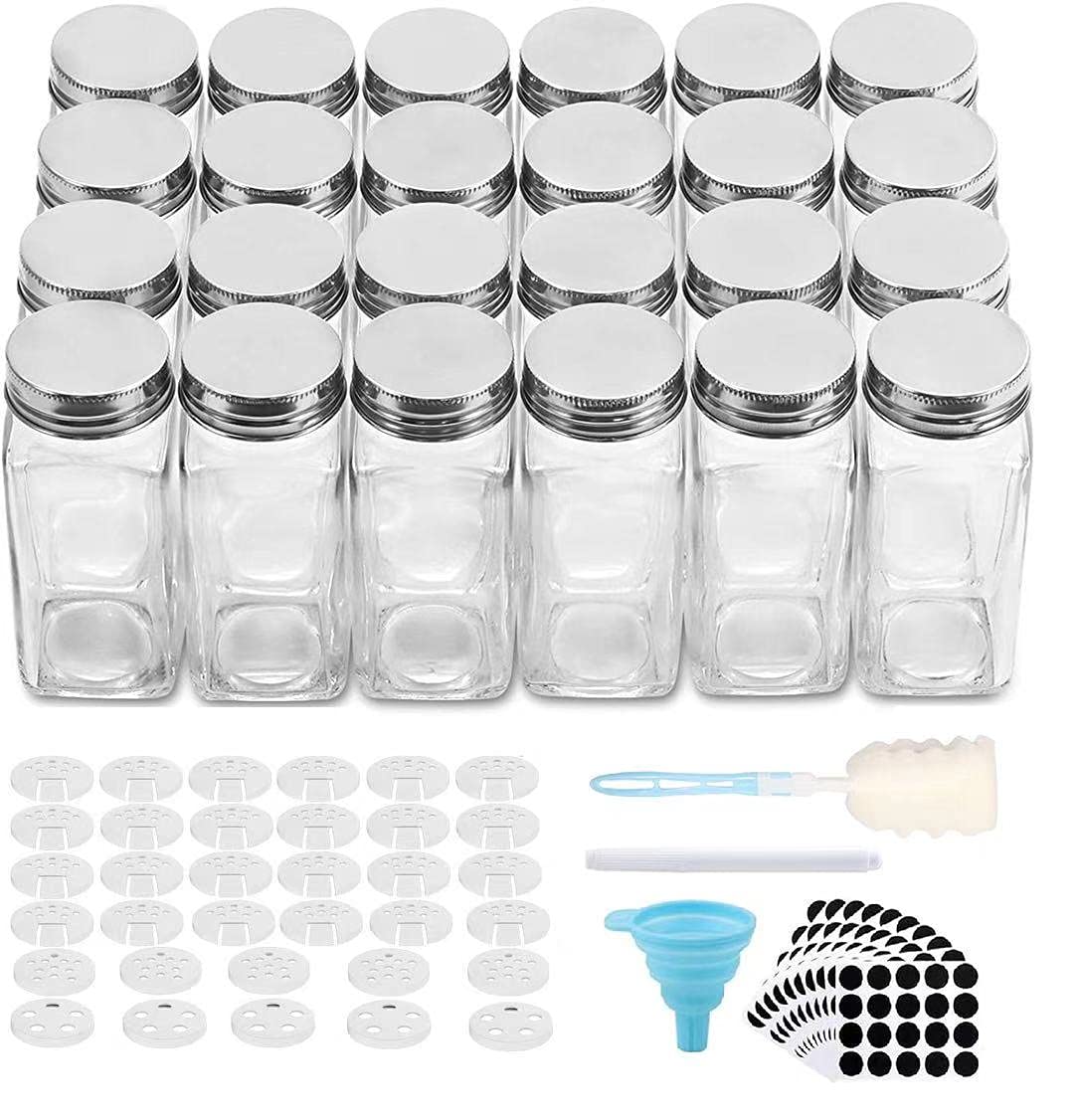 O9 O-Nine 24 Pcs Glass Spice Jars with 400 Spice Labels, 4oz Square Spice Bottles with Shaker Lids and Airtight Metal Caps, Chalk Marker and Funnel Included