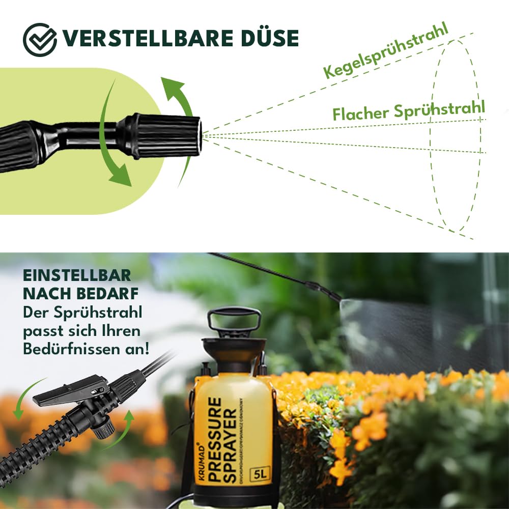 KRUMAD Drucksprüher 5L, Gartenspritze mit Lanze 203,5 cm, Maximaler Druck 3,2 bar, Hand Drucksprühgerät für Garten, Unkraut, Pflanzenschutz & Reinigung, Verstellbarer Sprühkopf, Tragegurt