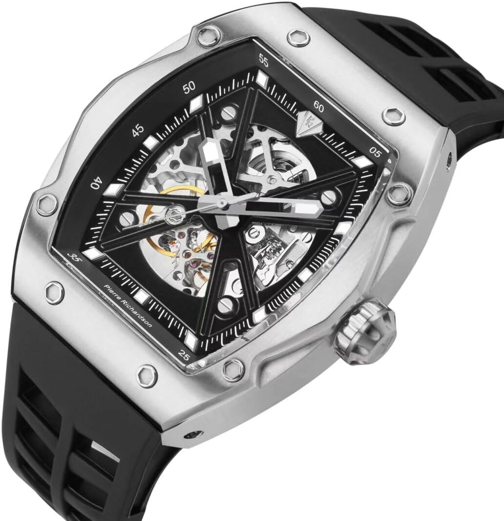 Pierre Richardson Men’s Luxury Watch PR9721 – Automatic Skeleton, Stainless Steel Frame, Silicone Strap, 41mm, 5ATM Water Resistant, Scratch-Resistant Sapphire Crystal Glass, Elega...