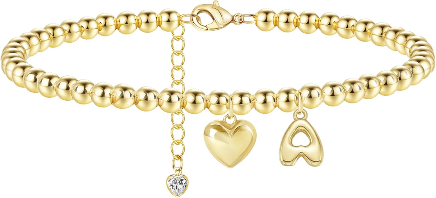 Gold Initial Bracelets for Women - Dainty Gold Beaded Bracelets for Women 14K Gold Plated Heart Initial Bracelets Balloon Letter A-Z Charm Bracelets Personalized Jewelry - Image 8