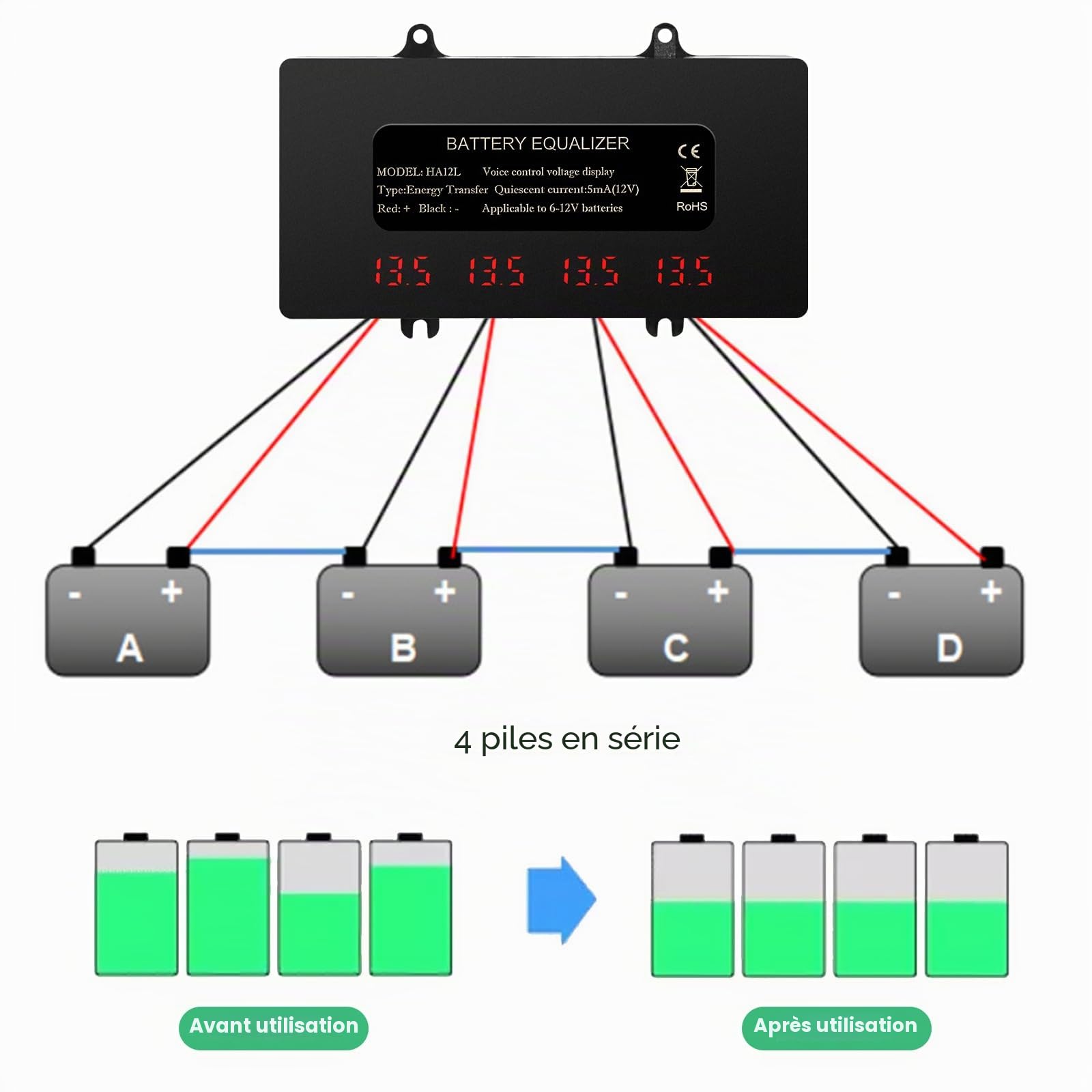 Égaliseur de batterie 48V équilibreur de batterie 48V pour plomb acide lithium fer phosphate, etc. affichage numérique LCD, prend en charge le circuit de série ou parallèle.