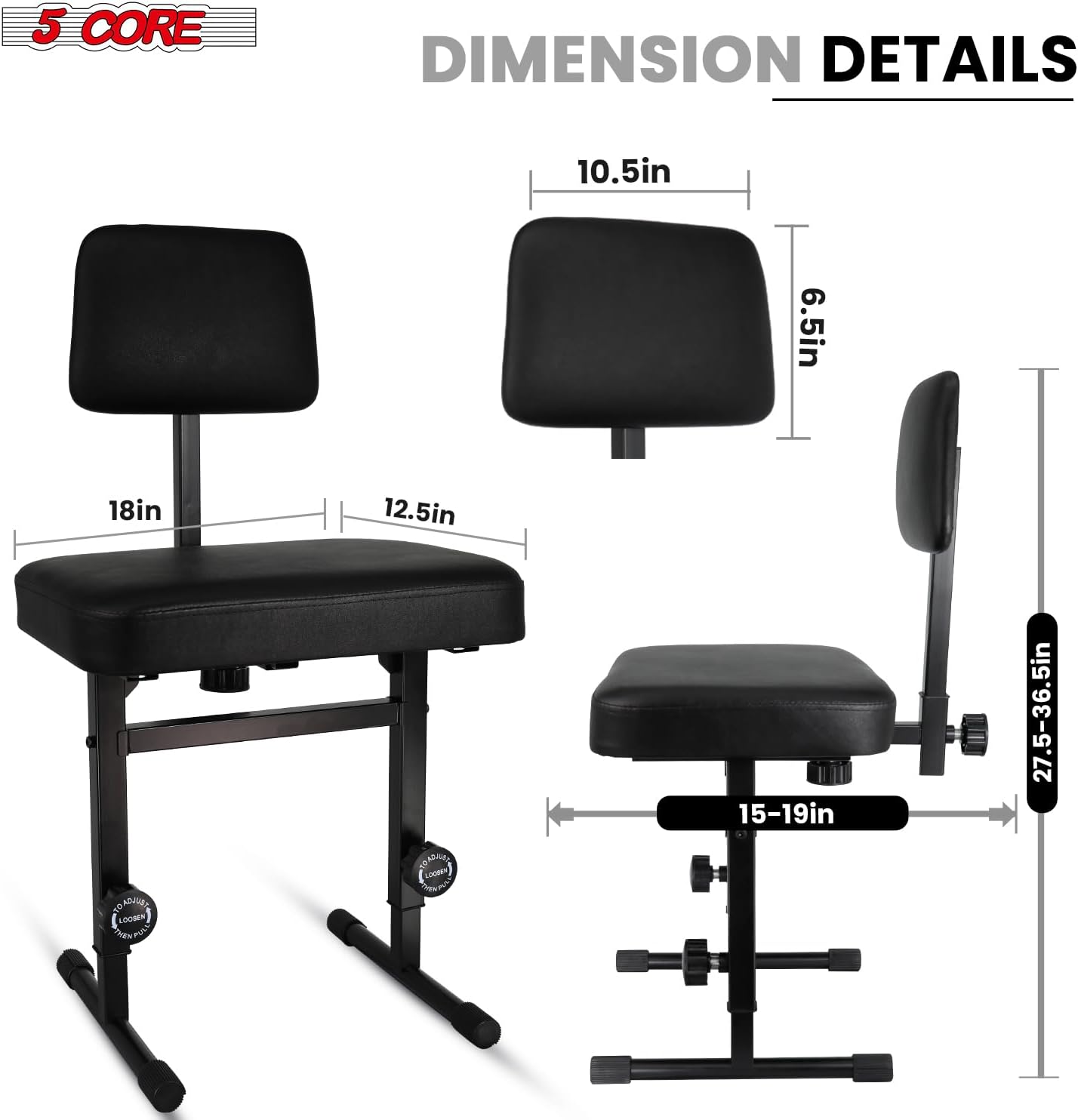 5 CORE Piano Bench 3 Inch Padded Cushioned Stool w Backrest Heavy Duty Musician Chair Height Adjustable Keyboard Seat w Nonslip Rubber Feet Black - PNB B-Rest BLK