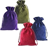 HRX Soft Velvet Drawstring Pouches 4-Pack, 5.1x7.8in Gift Bags for Tarot Cards, Runes, Jewelry, Crystals - Red, Moss Green, Navy, Purple