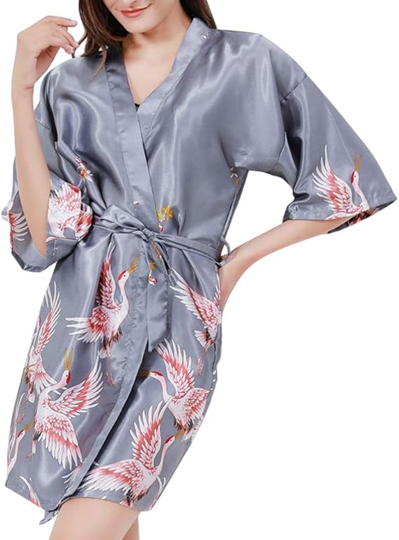 Amazon Valiclud 着物ローブvネック花嫁介添人ショートサテンナイトガウン女性バスローブ シルバーグレーl パジャマ ルームウェアセット 通販