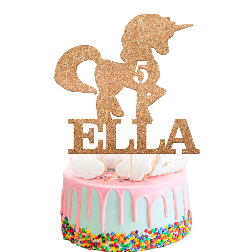 EDSG Personalised Unicorn Cake Topper | Custom Cake Decoration with Any Name & Age | Multicolour Glitter Party Decoration for Girls Boys 3 5 7 12 16 18 21 30 (Rose Gold)