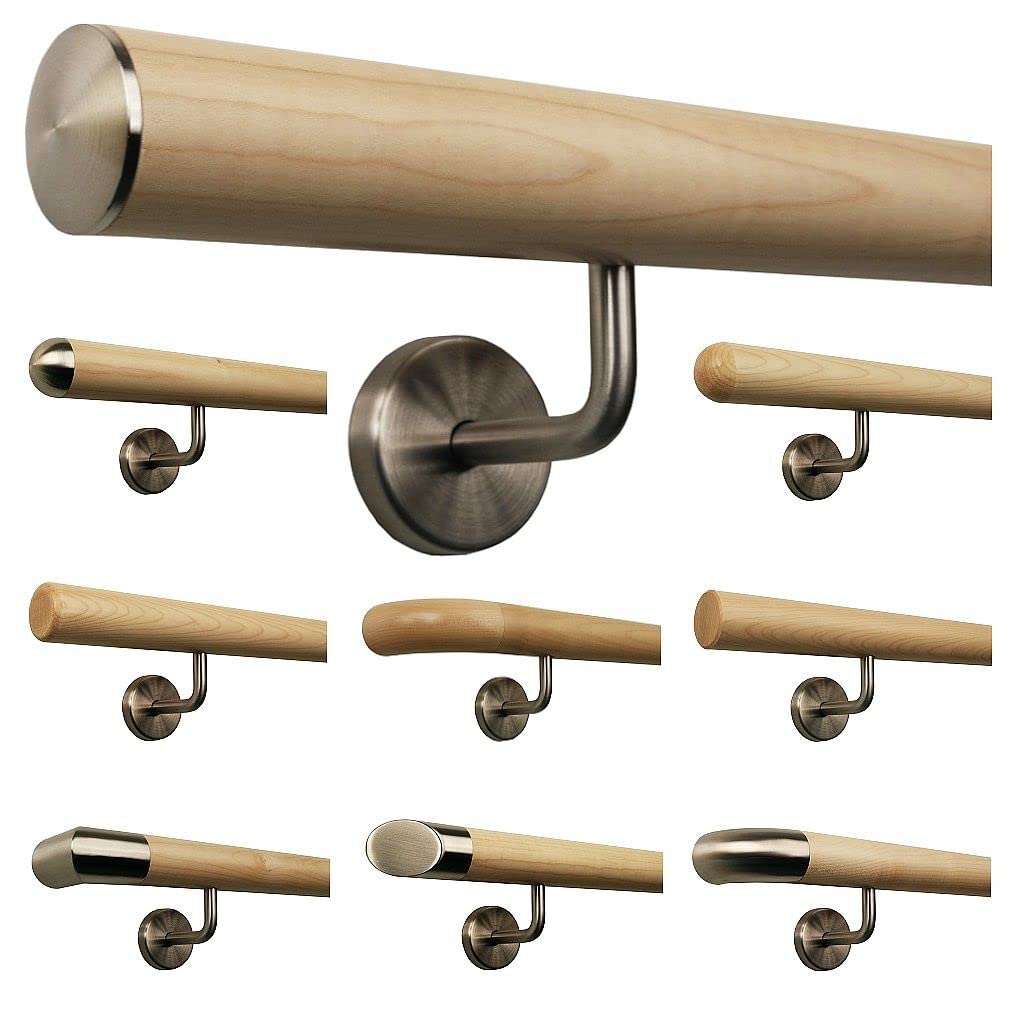 Corrimano in acero per scale, manico in legno ad angolo, supporto in acciaio inox, lunghezza 30-500 cm da un unico pezzo/variante: 200 cm con 3 supporti, tappo in acciaio inox leggermente bombato