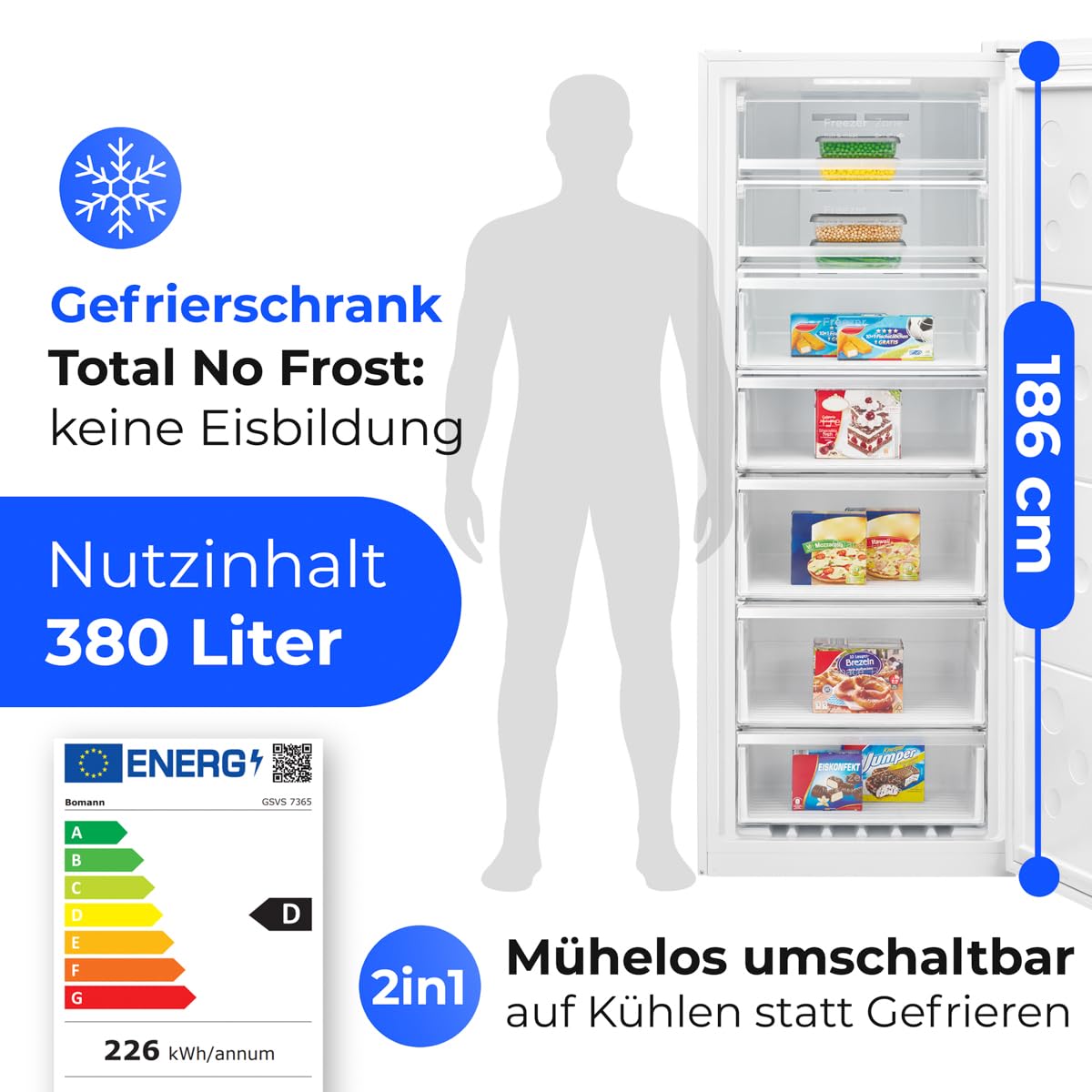Congelador Bomann® NoFrost - 70 cm de ancho - 2 en 1 - convertible a refrigerador - 186 cm de alto - Clase energética D - Congelador - 5 cajones y 2 compartimentos - - Capacidad de 380 L - GSVS 7365