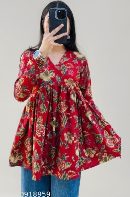 Women's Floral Print V-Neck Top with Multicolor Pattern, Long Sleeve, Empire Waist, Casual Style