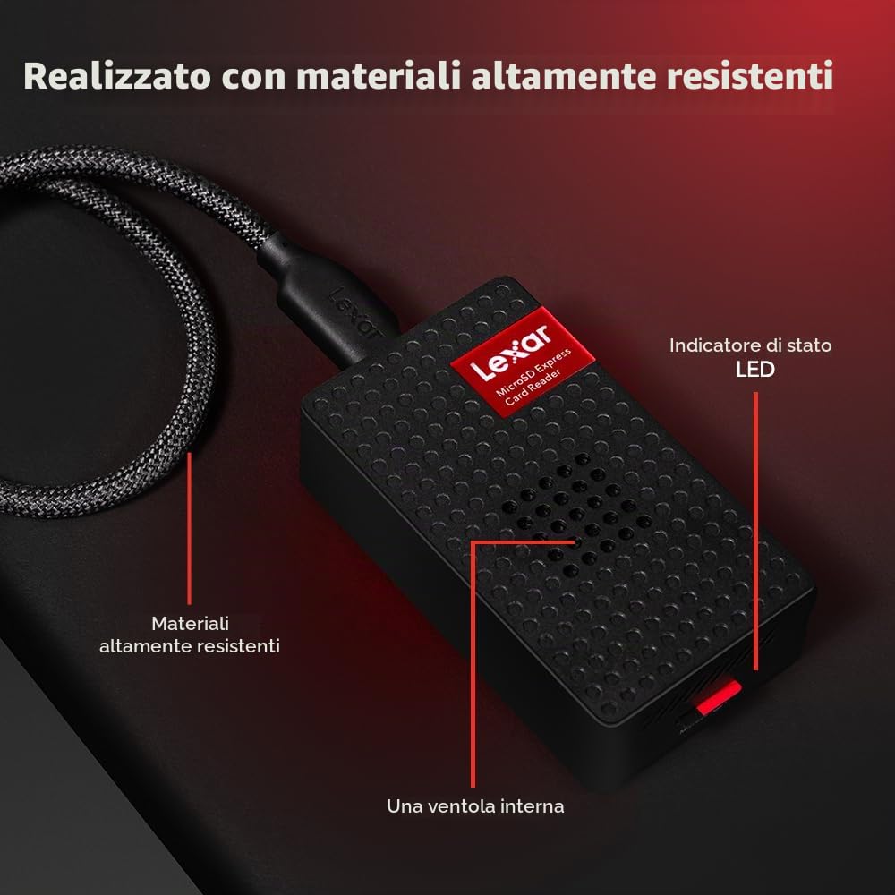 Lexar RW540 Lettore microSD Express USB 3.2 Gen 2 – Fino a 900 MB/s, Compatibile con Schede microSD Express e UHS-I/UHS-II, Plug-and-Play, Corpo Compatto e Resistente