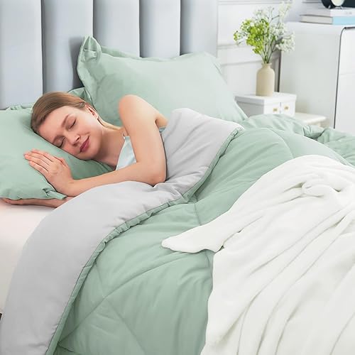 Miniatura 2 de JOLLYVOGUE Juego de edredón tamaño Queen verdegris claro, juego de cama reversible en una bolsa para todas las estaciones, juego de cama de 3 piezas