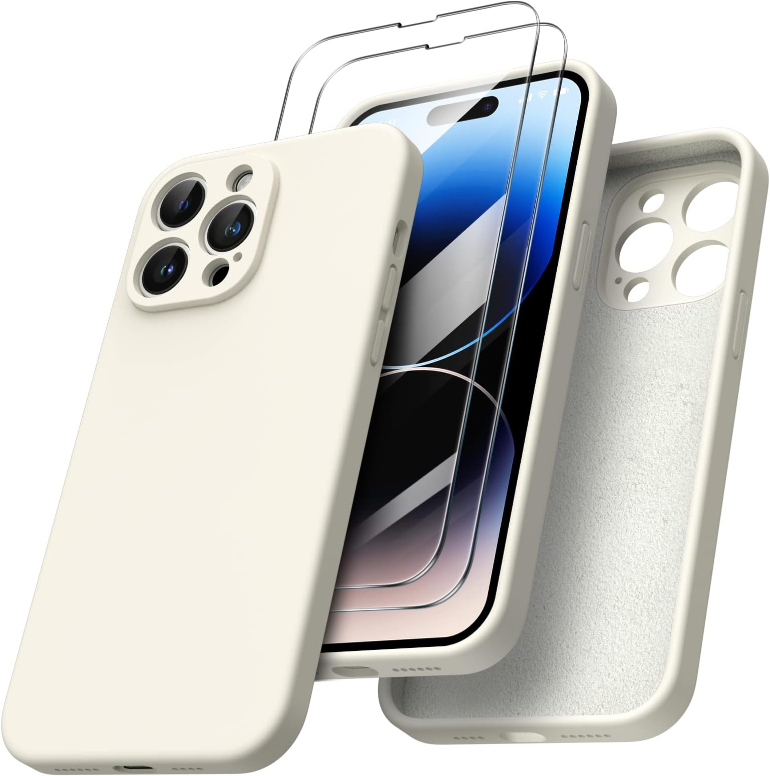 ORNARTO Designed for iPhone 14 Pro Max Case with 2 Pack Screen Protector, Liquid Silicone Full Cover, Shockproof Protective Gel Rubber Phone Case, 6.7 inches, Starlight